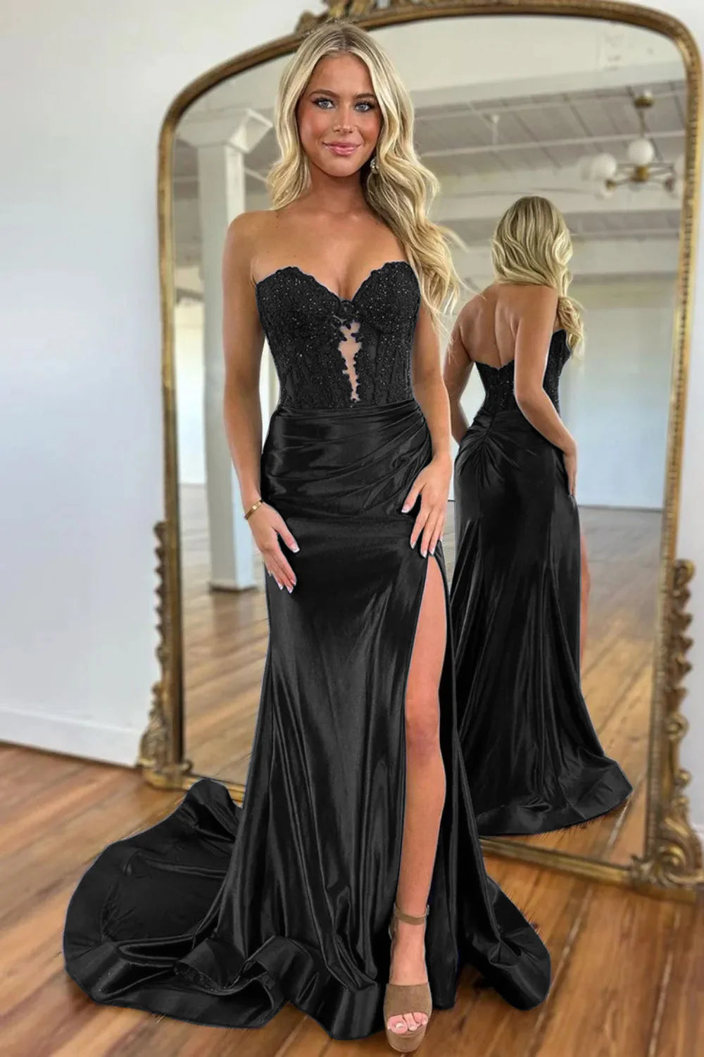 Navy Blue Sweetheart Lace Top Mermaid Satin Prom Dress With Split