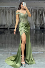 Olive Green Off The Shoulder Lace Top Satin Prom Dress With Leg Slit