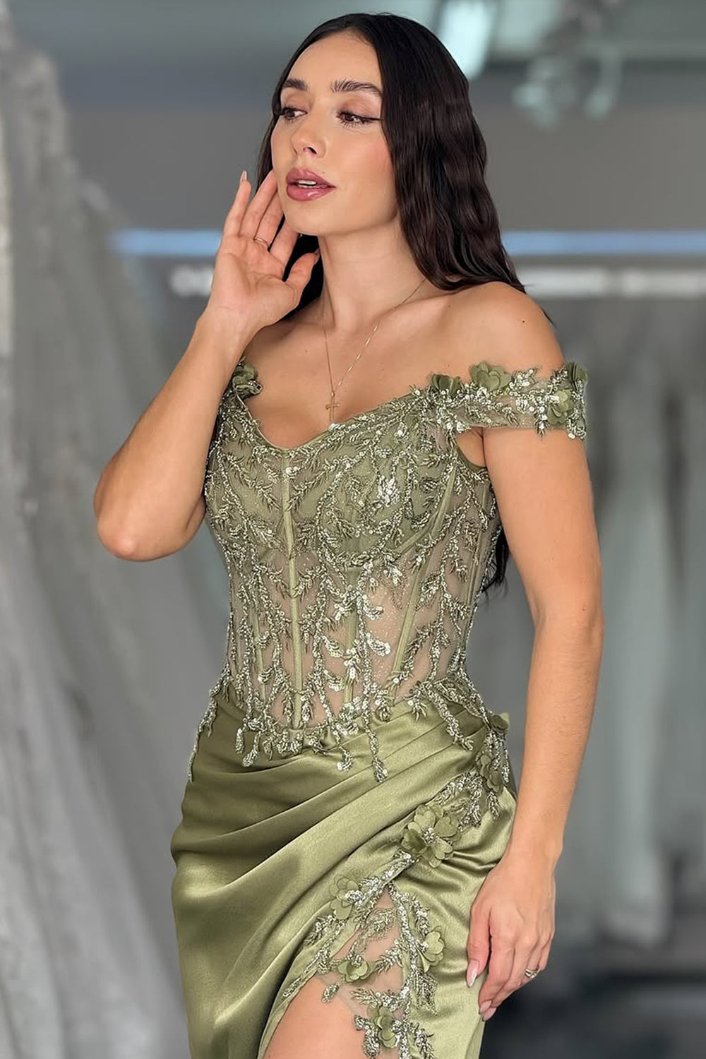 Olive Green Off The Shoulder Lace Top Satin Prom Dress With Leg Slit