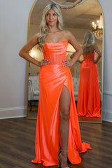 Orange Strapless Mermaid Long Metallic Prom Dress with Front Slit