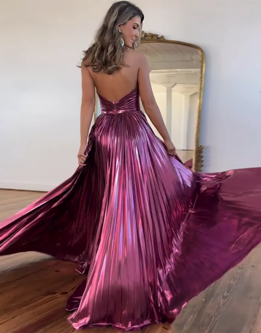 Pink A-Line Halter Neck Backless Long Metallic Prom Dress with Leg Slit