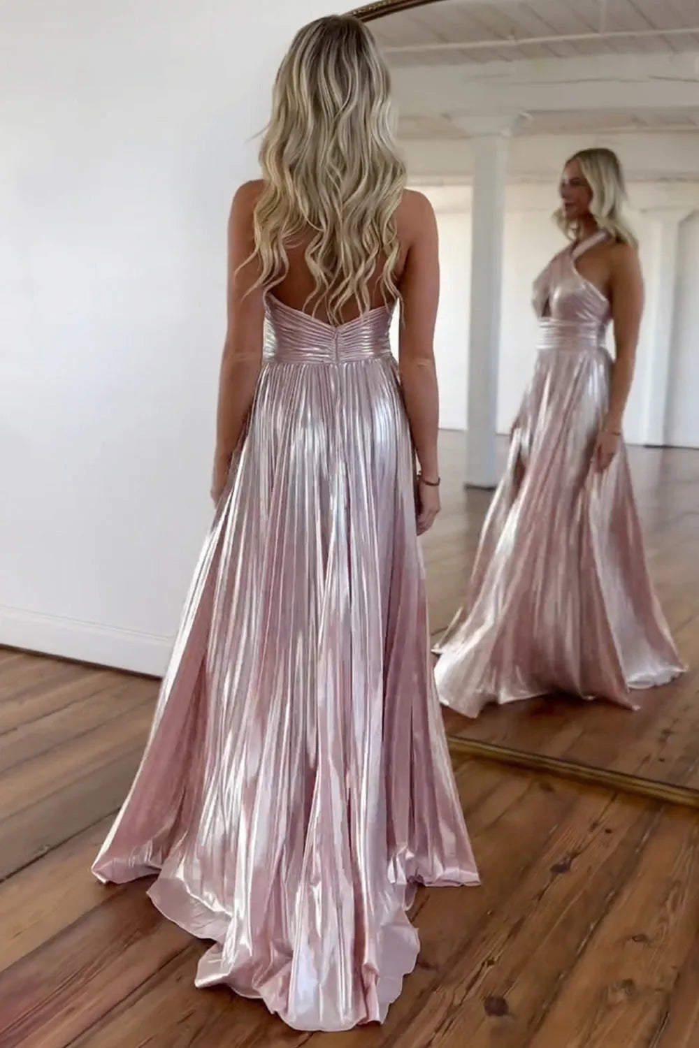 Pink A-Line Halter Neck Backless Long Metallic Prom Dress with Leg Slit