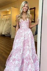 Pink Lovely Sweetheart A-Line Long Print Prom Dress