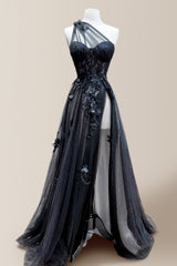 Pretty A-Line Black One Shoulder Long Tulle Prom Dress with Appliques