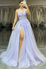 Pretty A-Line One Shoulder Long Tulle Prom Dress with Appliques and High Slit