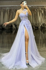 Pretty A-Line One Shoulder Long Tulle Prom Dress with Appliques and High Slit