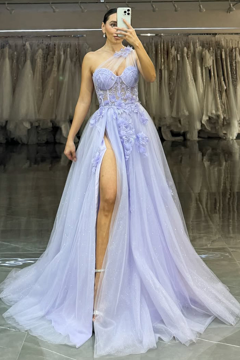 Pretty A-Line One Shoulder Long Tulle Prom Dress with Appliques and High Slit