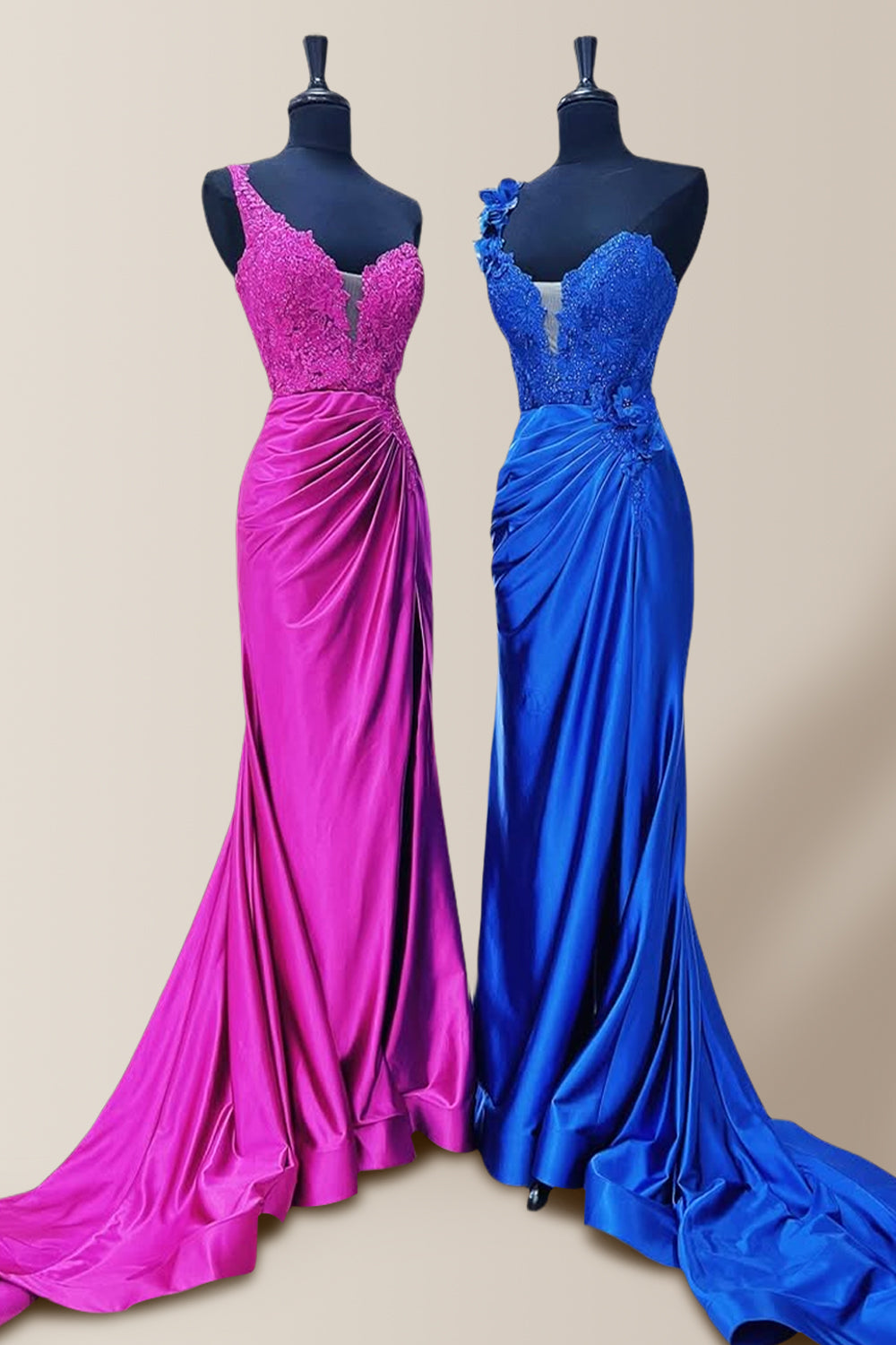 Pretty Mermaid One Shoulder Lace Top Long Satin Prom Party Dress