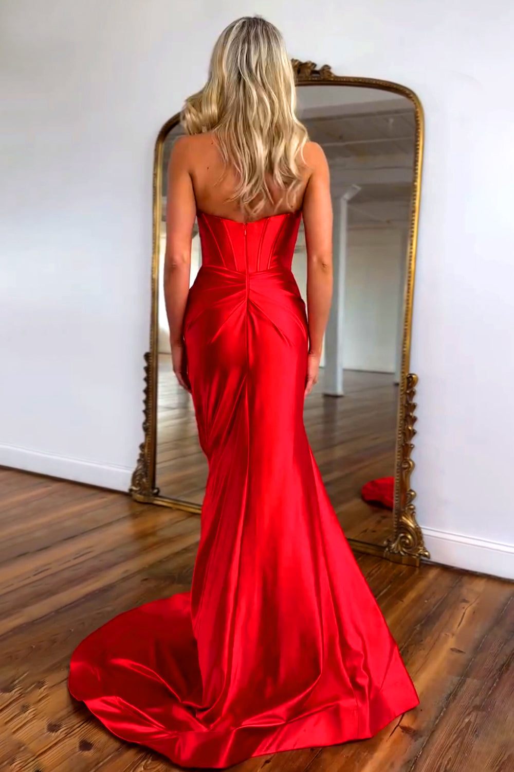 Pretty Red Mermaid Strapless Long Satin Prom Dress with Slit and Bowknot