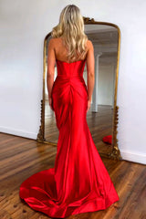 Pretty Red Mermaid Strapless Long Satin Prom Dress with Slit and Bowknot