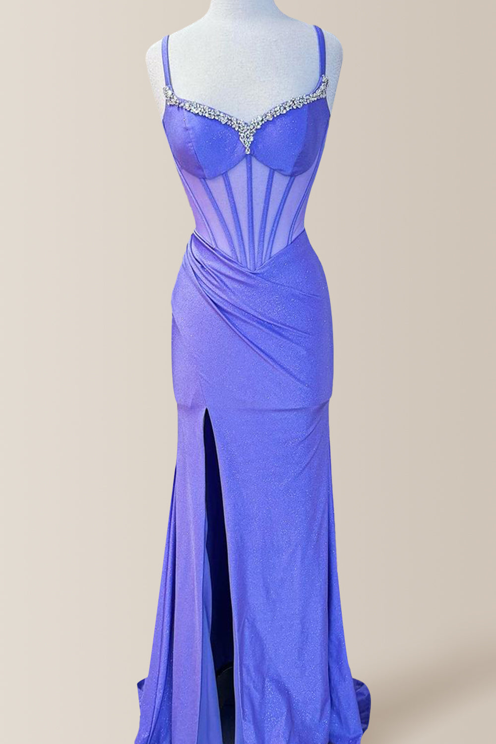 Purple Mermaid Spaghetti Straps Long Formal Dress with Beading and Slit