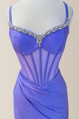 Purple Mermaid Spaghetti Straps Long Formal Dress with Beading and Slit