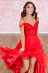 Red A-Line Off The Shoulder Lace Top Long Layered Chiffon Prom Gown