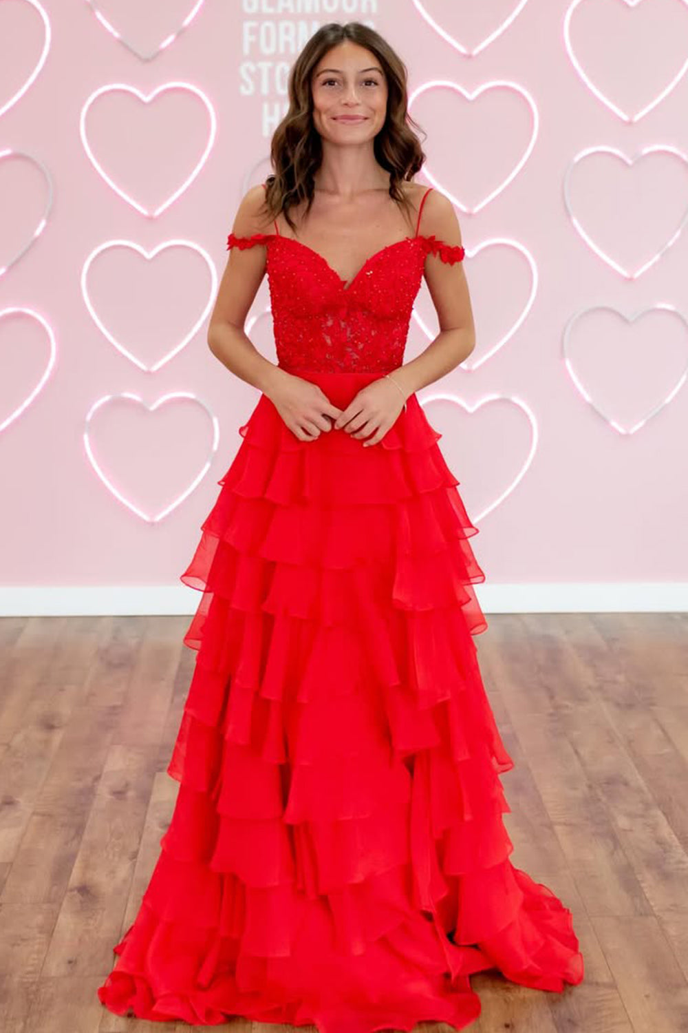 Red A-Line Off The Shoulder Lace Top Long Layered Chiffon Prom Gown