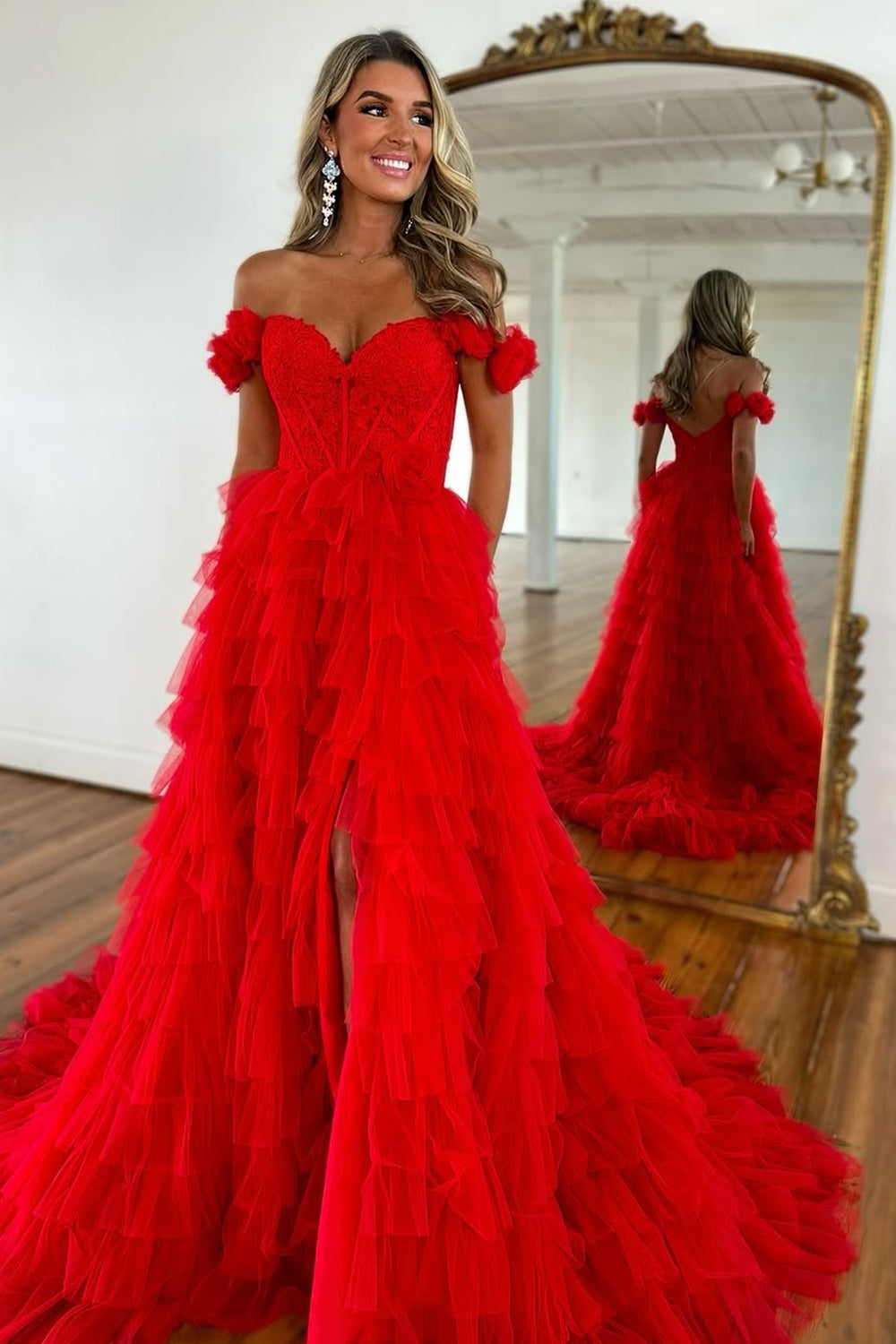 Red A-Line Off The Shoulder Lace Top Long Layered Tulle Prom Dress