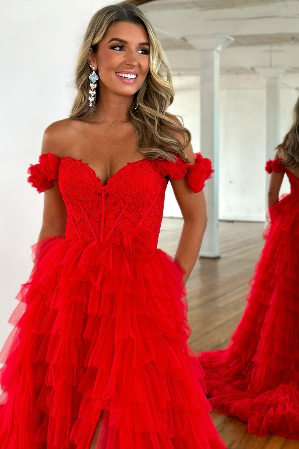 Red A-Line Off The Shoulder Lace Top Long Layered Tulle Prom Dress