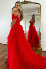 Red A-Line Off The Shoulder Lace Top Long Layered Tulle Prom Dress