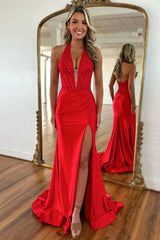 Red Halter Neck Backless Lace Top Long Satin Mermaid Prom Dress