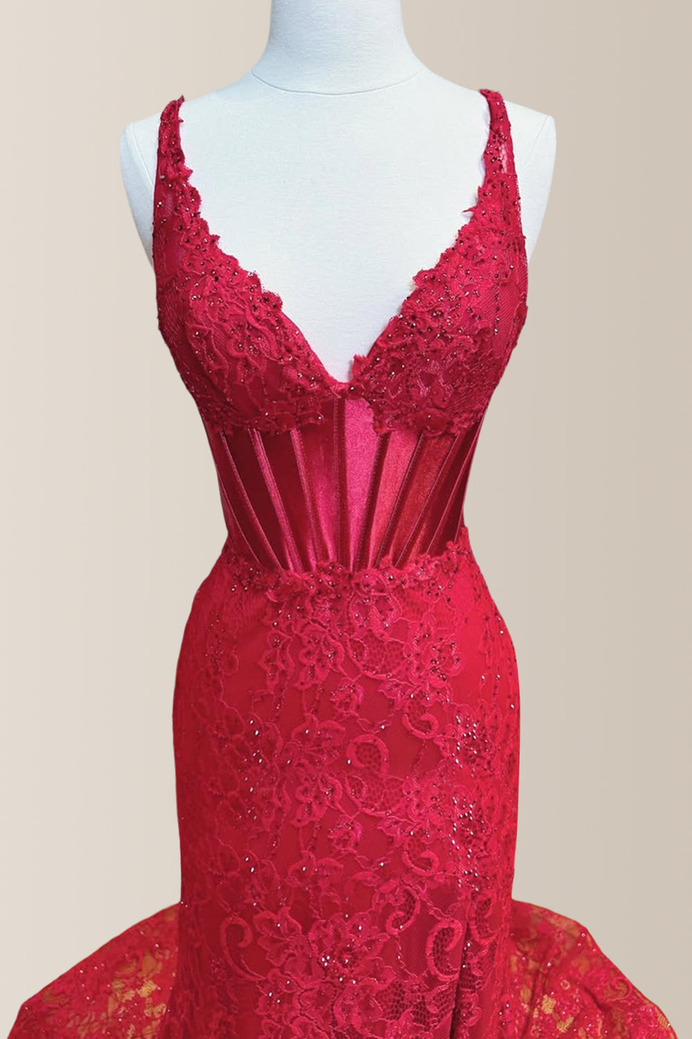 Red Mermaid V-Neck Lace Up Long Lace Prom Dress with Slit