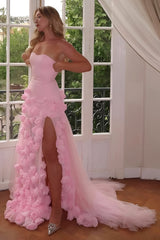 Romantic Pink Mermaid Sweetheart Long Prom Dress with 3D Flowers and Slit