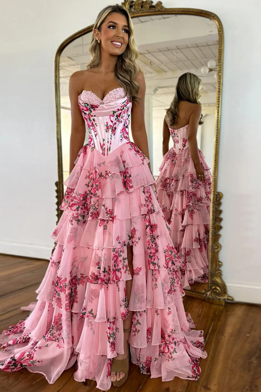 Romantic Sweetheart A-Line Long Print Layered Tulle Prom Dress with Slit