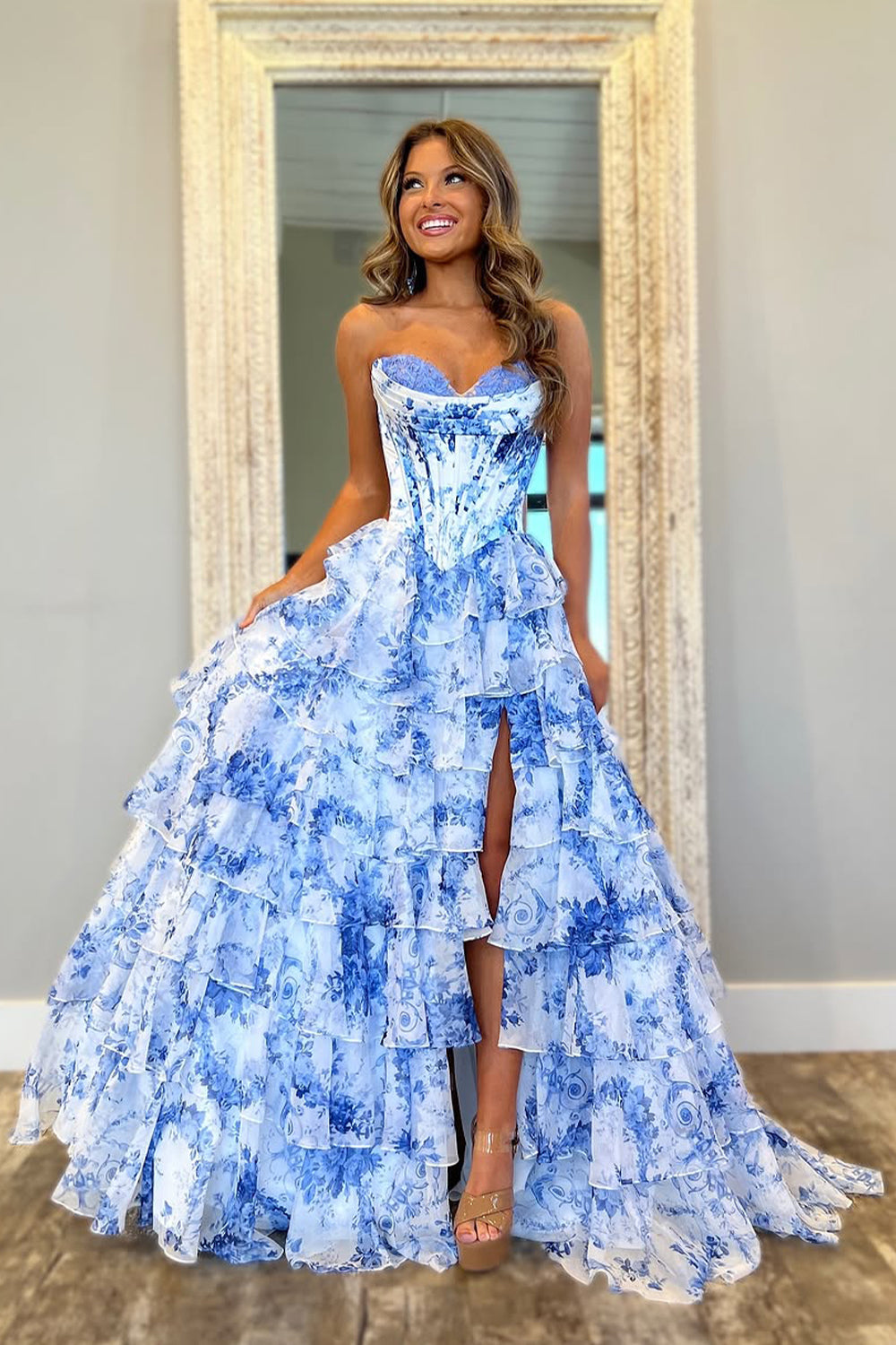 Romantic Sweetheart A-Line Long Print Layered Tulle Prom Dress with Slit