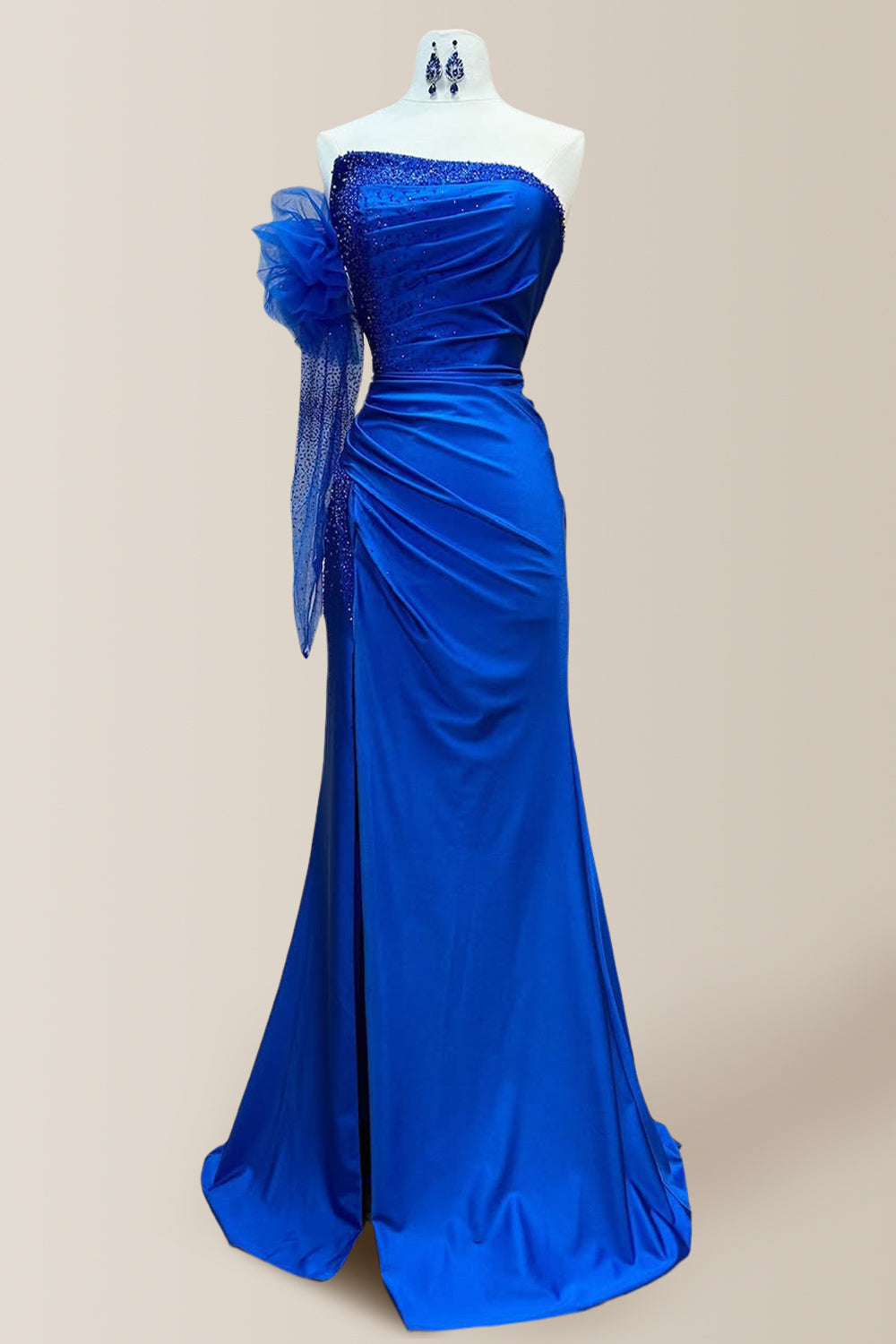 Royal Blue Elegant Mermaid Glitter Satin Prom Dress with Detachable Sleeve