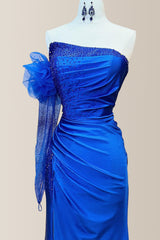 Royal Blue Elegant Mermaid Glitter Satin Prom Dress with Detachable Sleeve