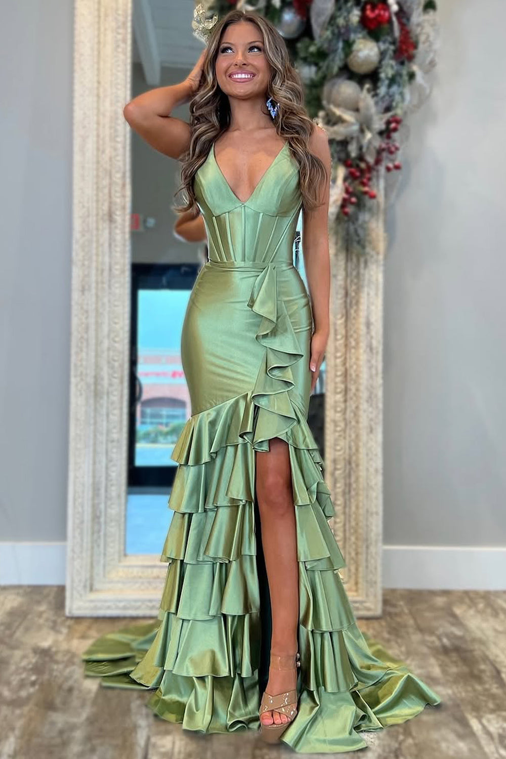 Sage Green Mermaid V-Neck Long Satin Prom Dress with Ruffle Skirt