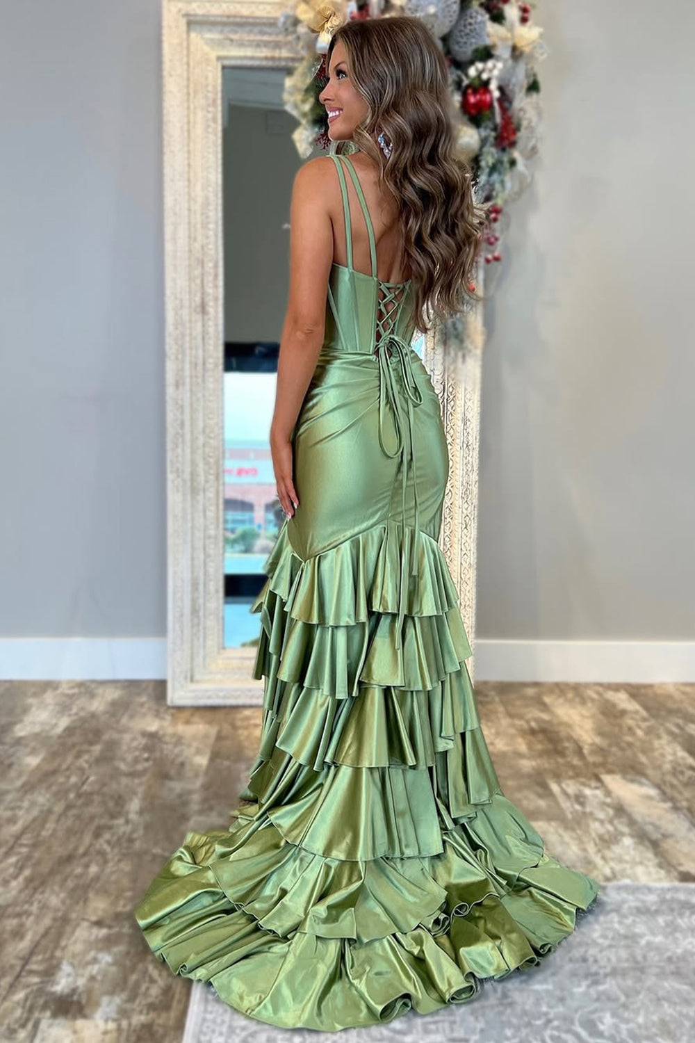 Sage Green Mermaid V-Neck Long Satin Prom Dress with Ruffle Skirt