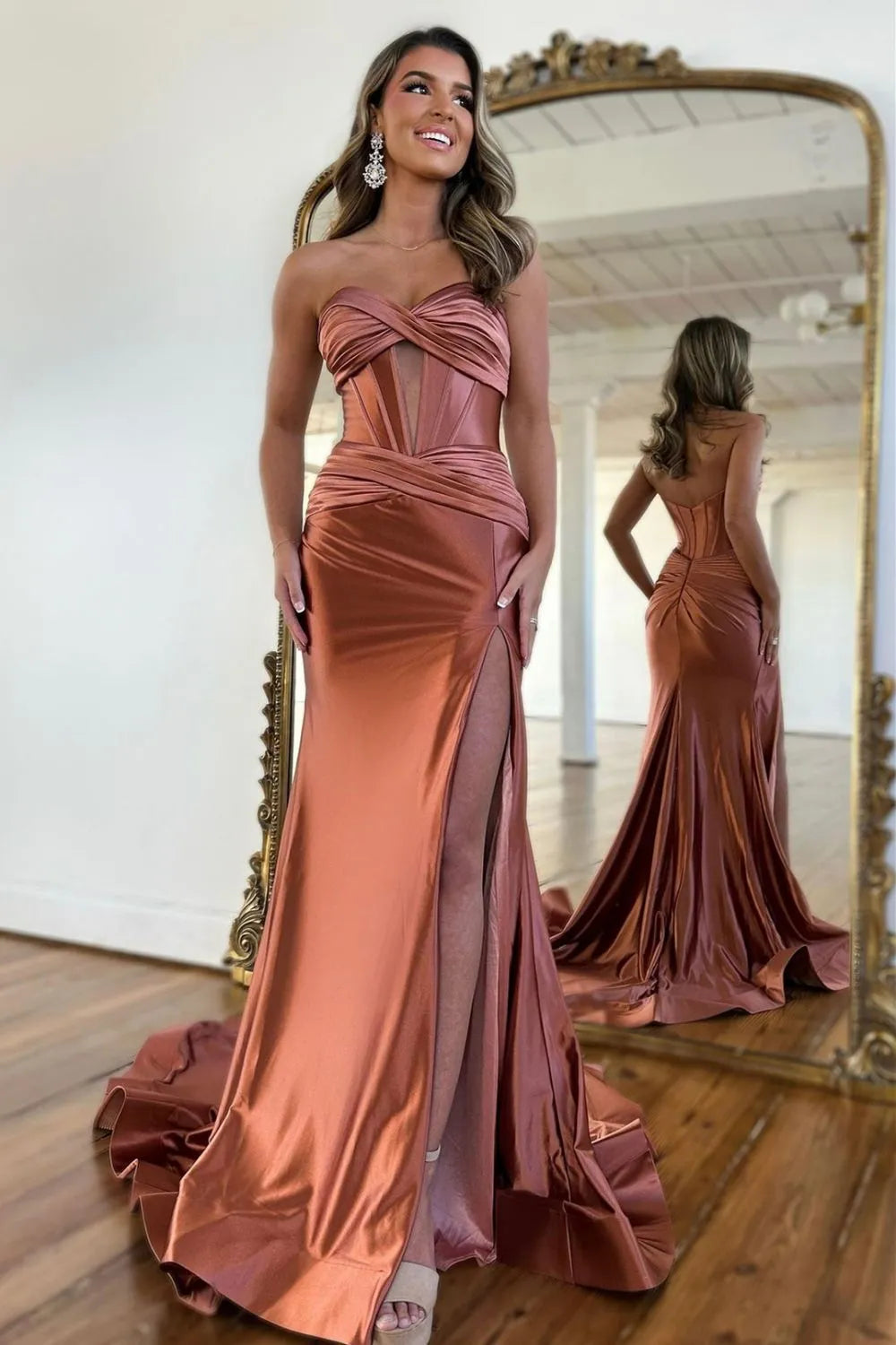 Satin Mermaid Sweetheart Zipper Back Long Prom Dress With Split