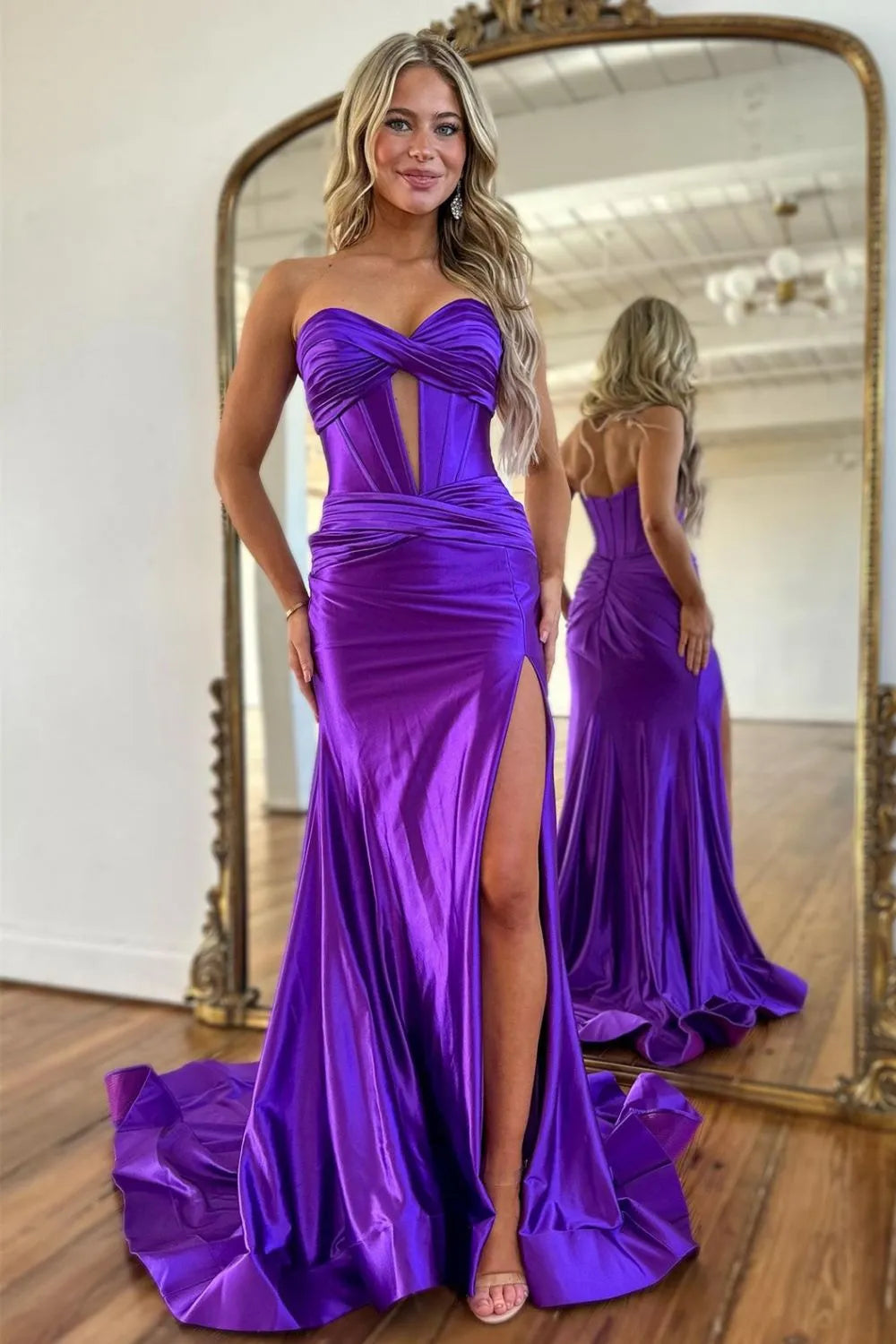 Satin Mermaid Sweetheart Zipper Back Long Prom Dress With Split