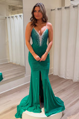 Sexy Green Spaghetti Straps Mermaid Beaded Prom Dress with Front Slit