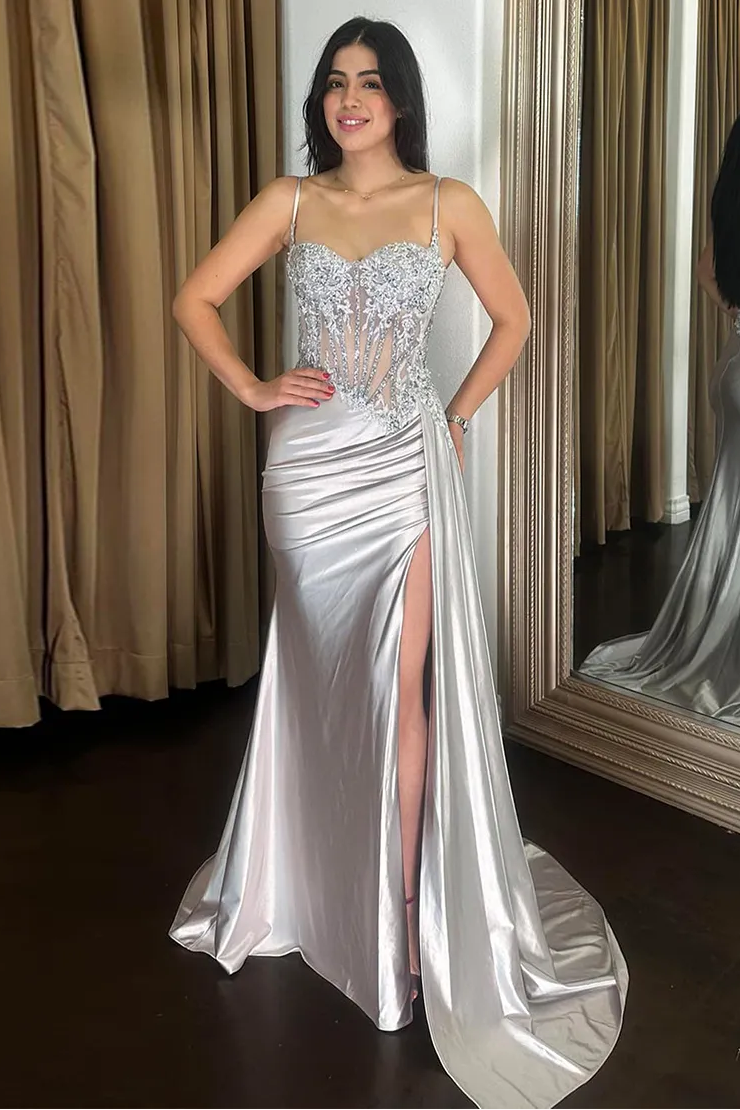 Sexy Mermaid Spaghetti Straps Long Glitter Prom Dress with High Slit