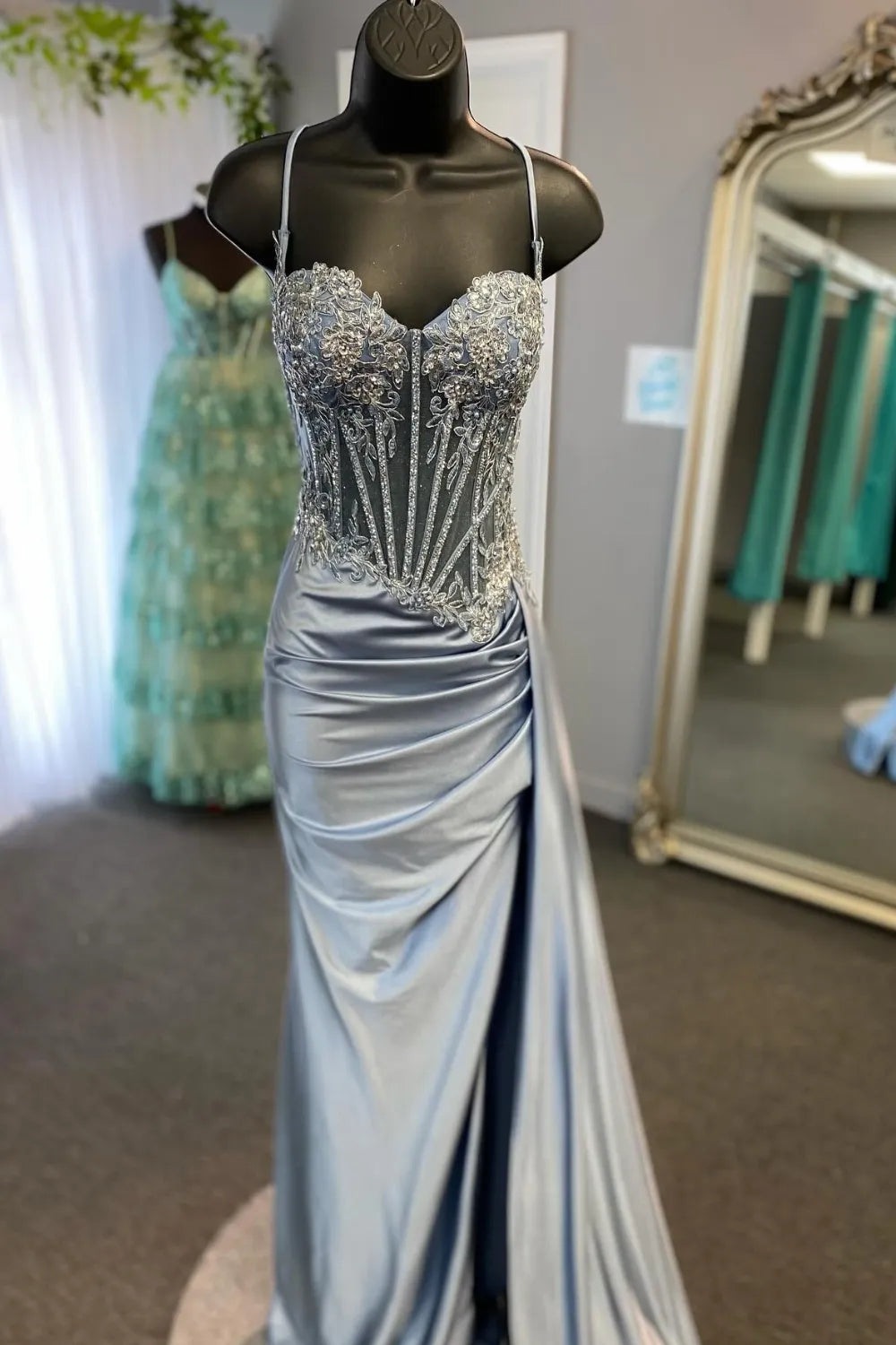 Sexy Mermaid Spaghetti Straps Long Glitter Prom Dress with High Slit