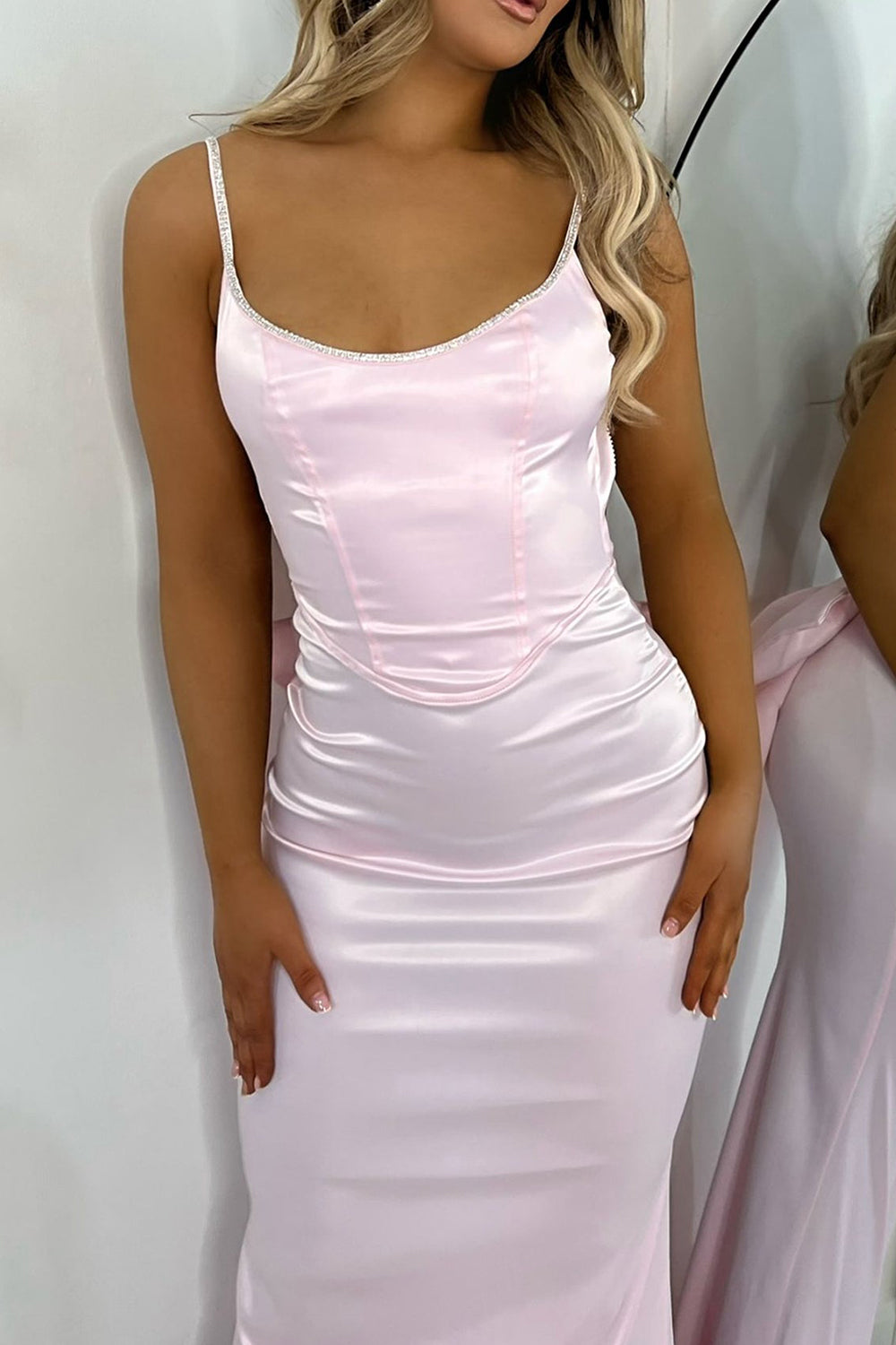 Sexy Open Back Spaghetti Straps Mermaid Long Satin Prom Dress With Bowknot