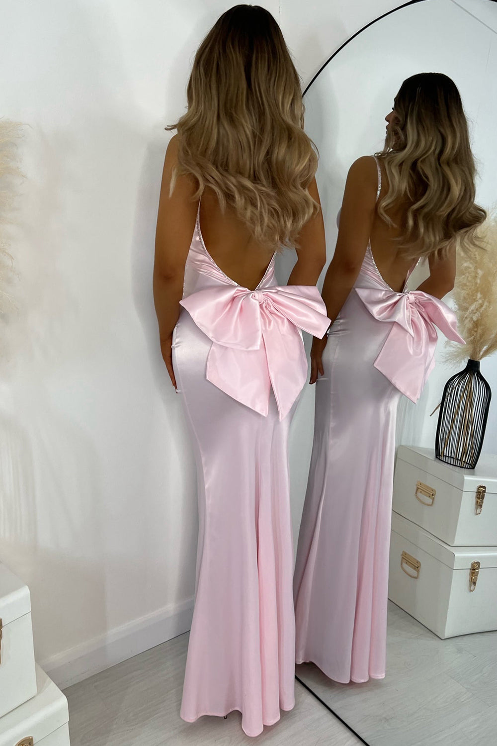 Sexy Open Back Spaghetti Straps Mermaid Long Satin Prom Dress With Bowknot