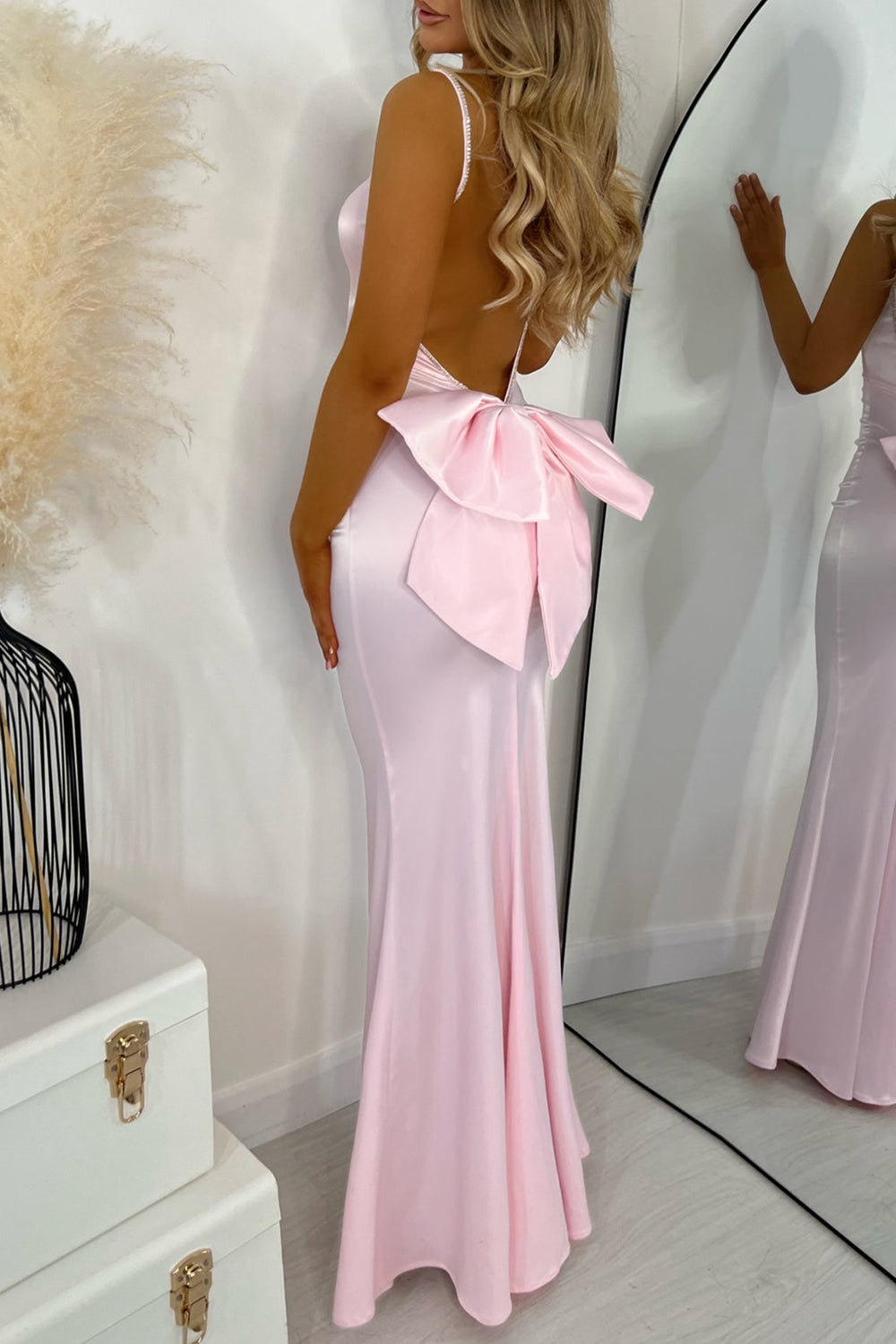 Sexy Open Back Spaghetti Straps Mermaid Long Satin Prom Dress With Bowknot