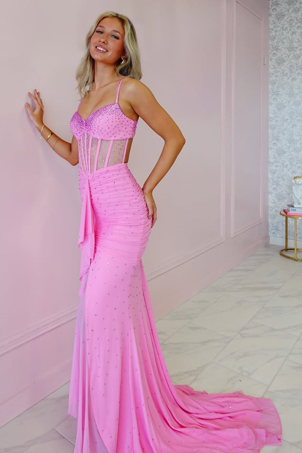 Sexy Pink Spaghetti Straps Glitter Mermaid Long Corset Beaded Prom Dress