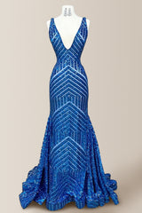 Sexy Royal Blue Mermaid Deep V-Neck Long Sequin Prom Dress