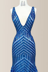 Sexy Royal Blue Mermaid Deep V-Neck Long Sequin Prom Dress