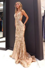 Sexy Shining Champagne Gold Mermaid Spaghetti Straps Lace Up Long Prom Dress With Appliques