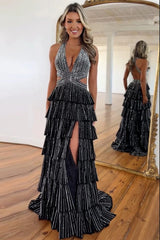 Sexy Sparkly Black A-Line V-Neck Layered Beaded Prom Dress with Leg Slit