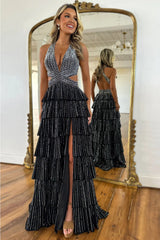 Sexy Sparkly Black A-Line V-Neck Layered Beaded Prom Dress with Leg Slit