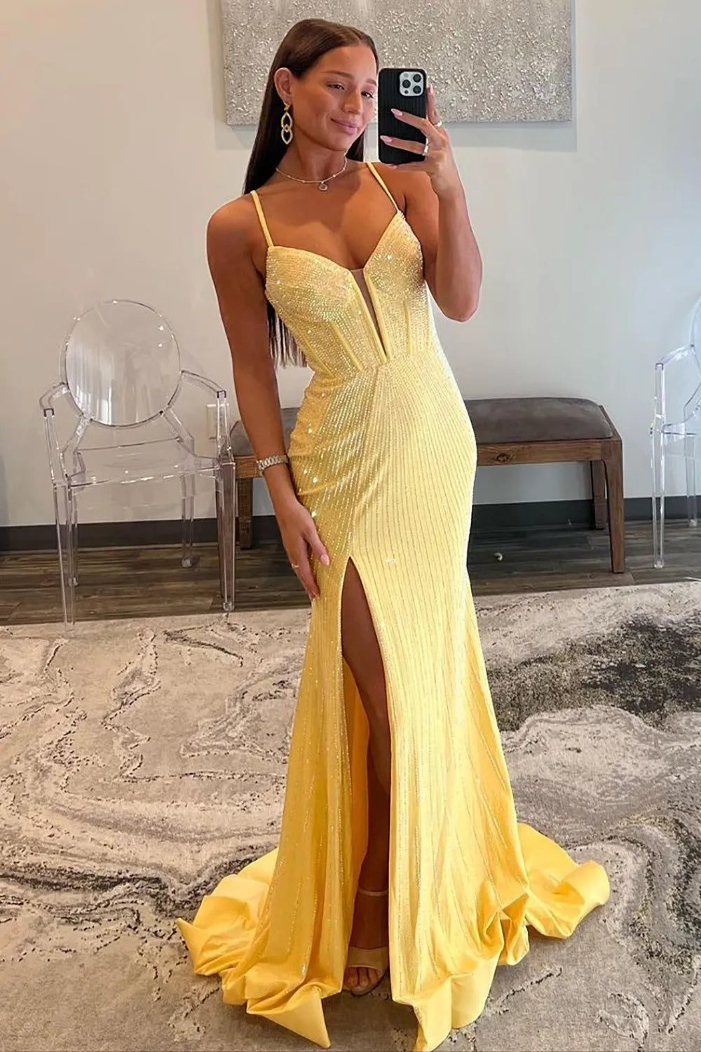 Shining Mermaid Spaghetti Straps Lace Up Long Beaded Prom Dress with Slit