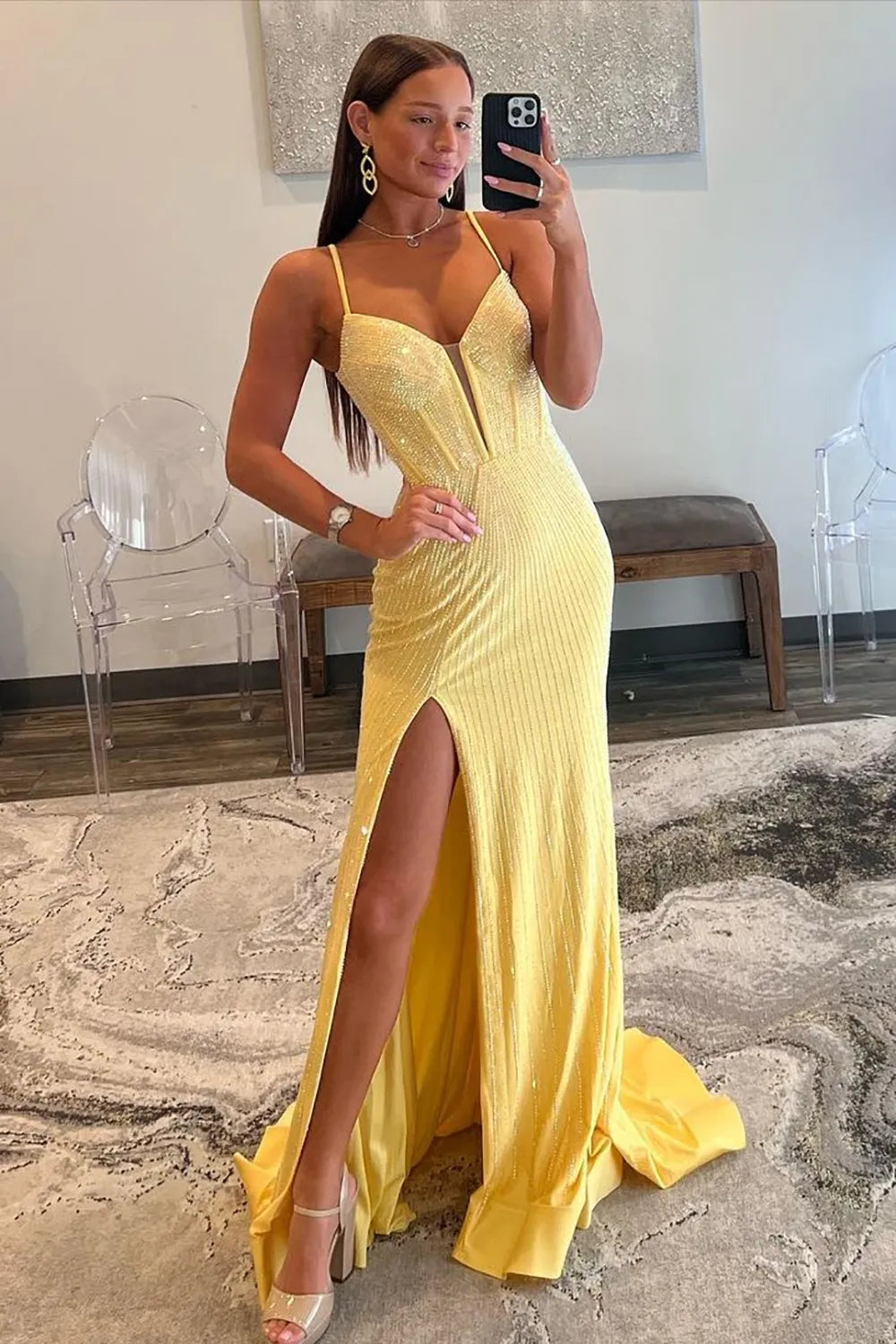 Shining Mermaid Spaghetti Straps Lace Up Long Beaded Prom Dress with Slit