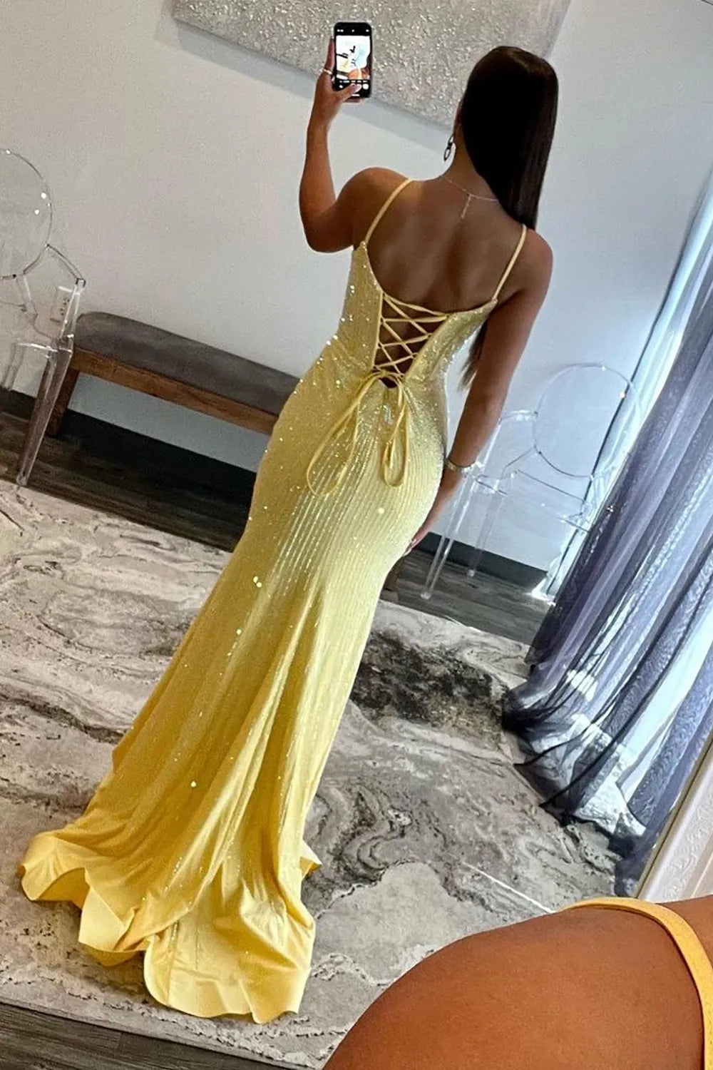 Shining Mermaid Spaghetti Straps Lace Up Long Beaded Prom Dress with Slit