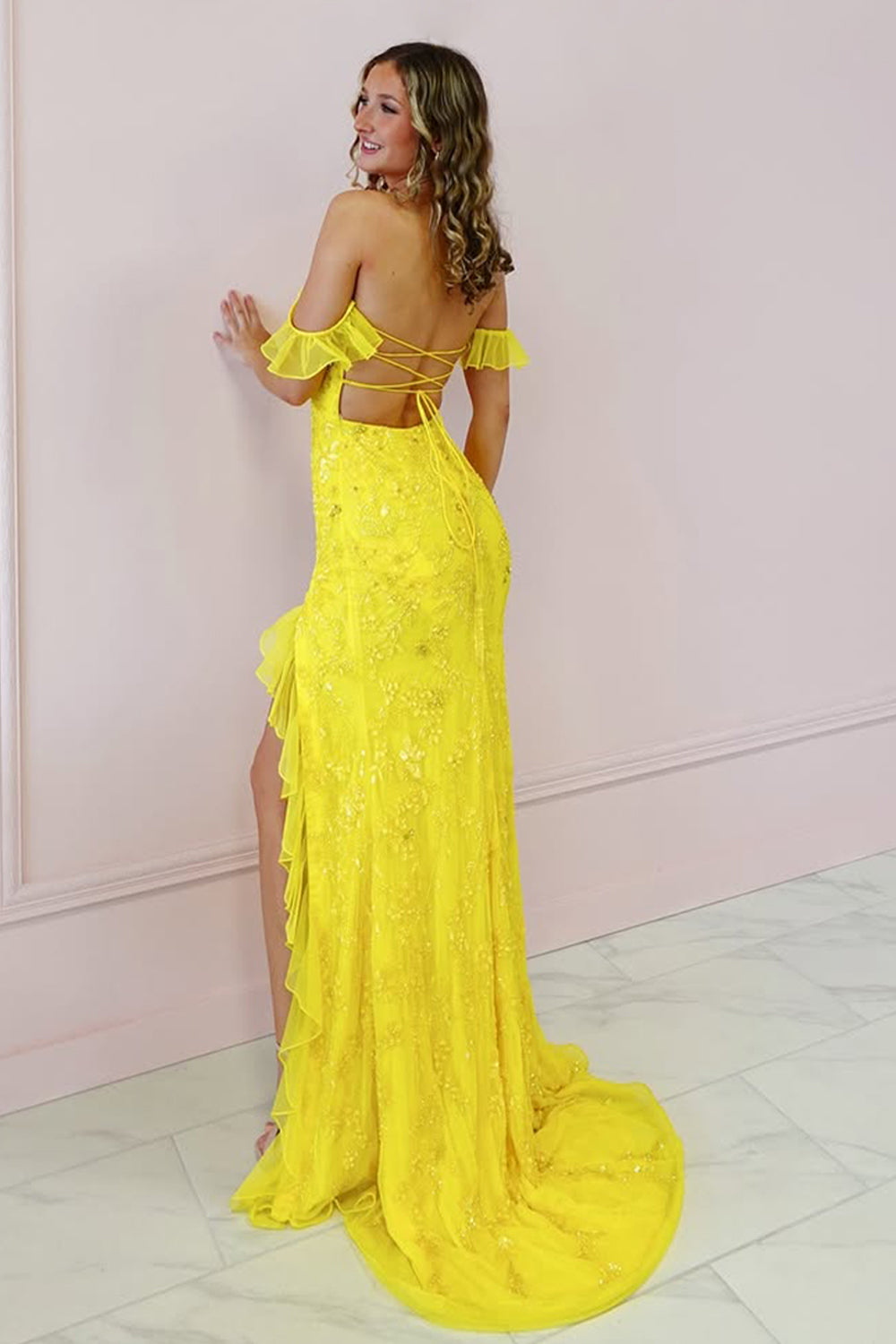 Shining Yellow Off the Shoulder Lace Up Mermaid Prom Dress With Leg Slit