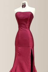 Simple Burgundy Mermaid Strapless Long Tiered Satin Prom Dress