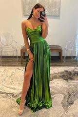 Simple Green A-Line Strapless Long Pleated Metallic Prom Dress with Slit